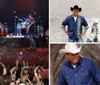 A musician in a cowboy hat stands with arms open on stage surrounded by a band performing for an enthusiastic crowd