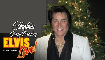 The image shows a man in a festive setting next to a decorated Christmas tree, with text promoting 