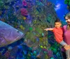 A family is joyfully exploring an underwater tunnel surrounded by colorful marine life in an aquarium