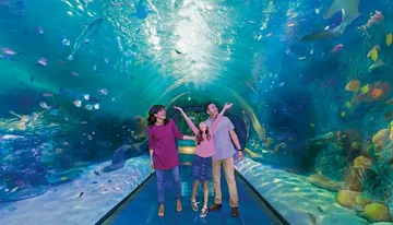 A family is joyfully exploring an underwater tunnel surrounded by colorful marine life in an aquarium.