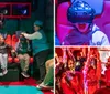 Several people are seated in red-lit chairs wearing virtual reality headsets appearing engaged and animated