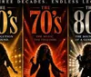 The image is a triptych poster celebrating music across the 60s 70s and 80s with the themes A Revolution in Sound The Music The Freedom and The Soundtrack of a Generation each featuring a silhouette of a performer holding a microphone