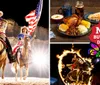 A performer rides two horses through a flaming ring in a dramatic lit-up setting
