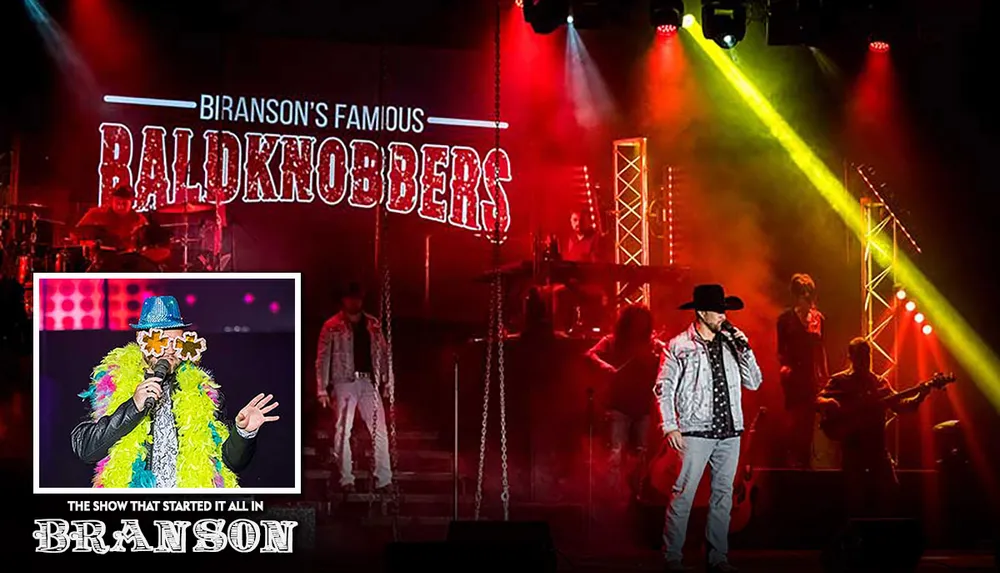 The image shows a lively stage performance by Bransons Famous Baldknobbers featuring colorful lighting and musicians with an inset displaying an entertainer in vibrant attire