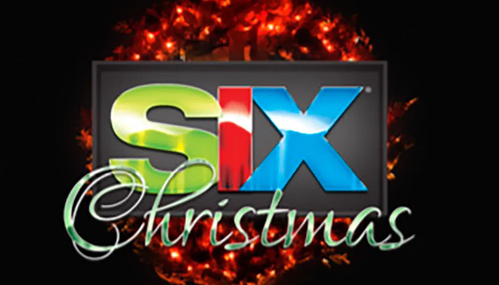 The image displays a colorful and stylized text SIX Christmas with a festive backdrop suggestive of holiday decorations or lights