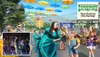 The image shows a festive outdoor scene with people dancing and playing instruments under colorful umbrellas, advertising the 