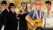 The image features people dressed as famous musical icons standing together in costume.