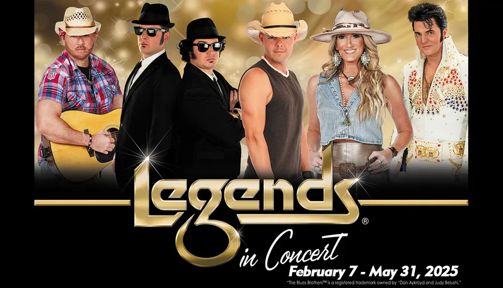 The image is a promotional poster for Legends in Concert featuring impersonators of famous music icons with dates from February 7 to May 31 2025