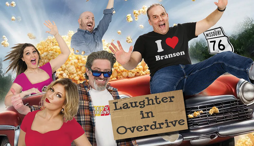 The image features a group of people joyfully posing in front of an exploding popcorn scene with a Laughter in Overdrive sign and a Missouri Route 76 sign in the background