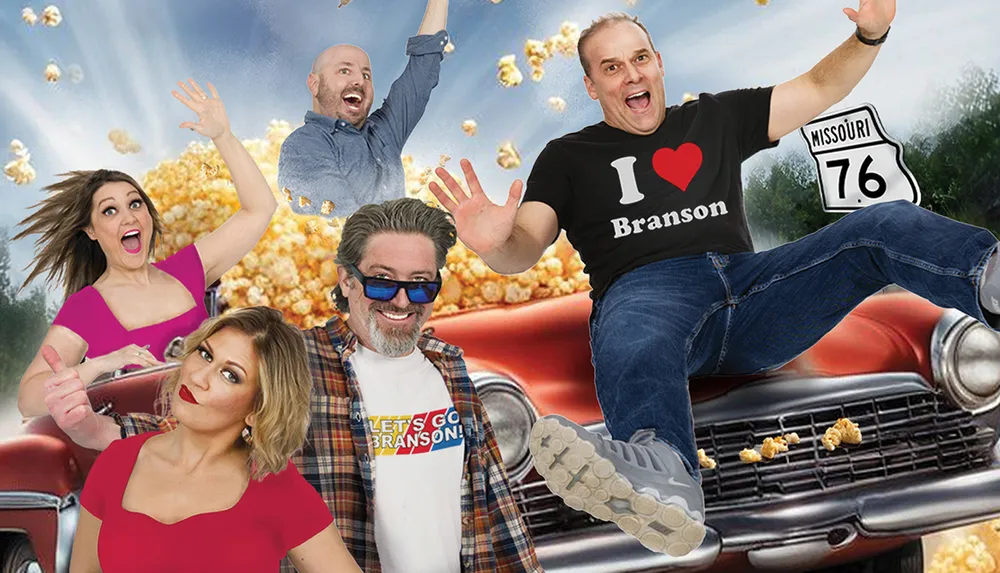 A group of excited people are having fun with popcorn a vintage car and a Missouri Route 76 sign in the background