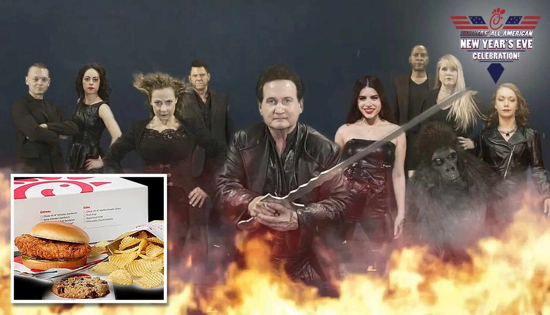 A group of people in black leather outfits poses dramatically in front of flames, with an inset image of fast food and the text New Year's Eve Celebration in the corner.