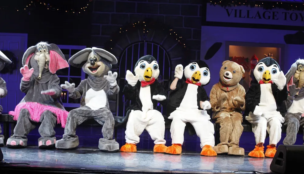 The image shows a lively stage performance with actors in colorful animal costumes including elephants dogs penguins and a bear entertaining an audience with a playful act