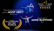 The image promotes a highly acclaimed magic show, featuring a performer levitating a woman, with enthusiastic reviews and accolades like 