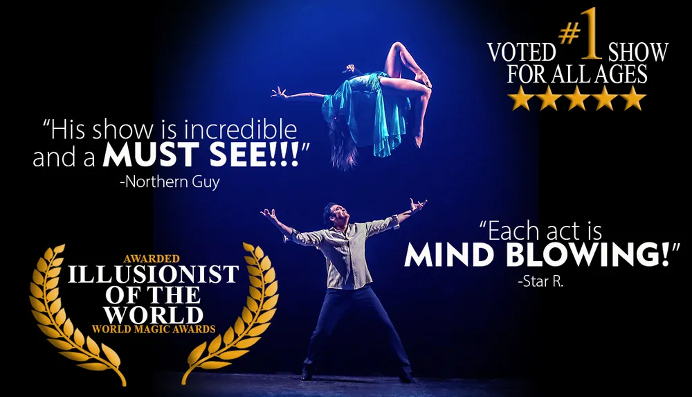 The image promotes a highly acclaimed magic show featuring a performer levitating a woman with enthusiastic reviews and accolades like Illusionist of the World and a 1 show rating