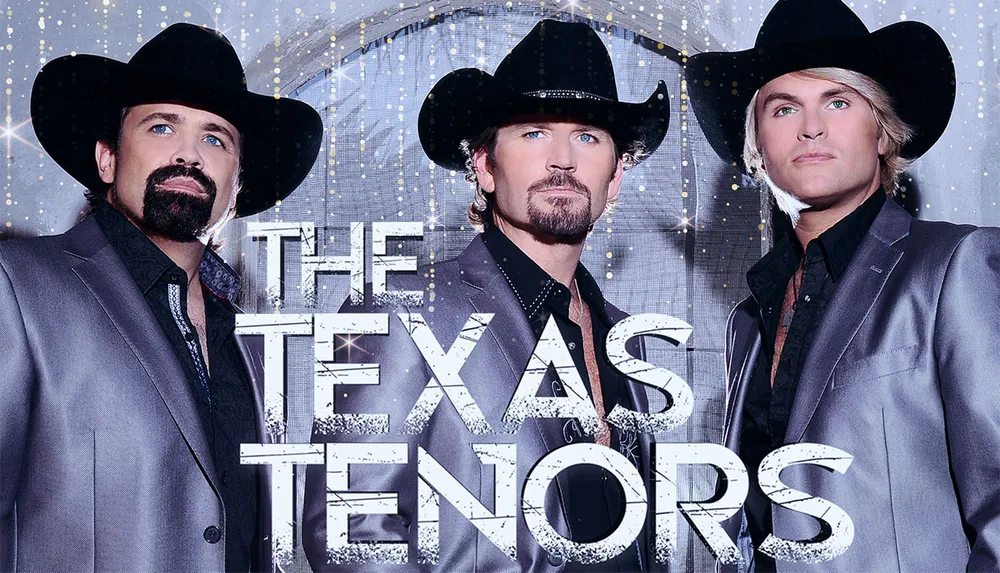 The image showcases three men dressed in cowboy hats and suits identified as The Texas Tenors against a sparkling starry background