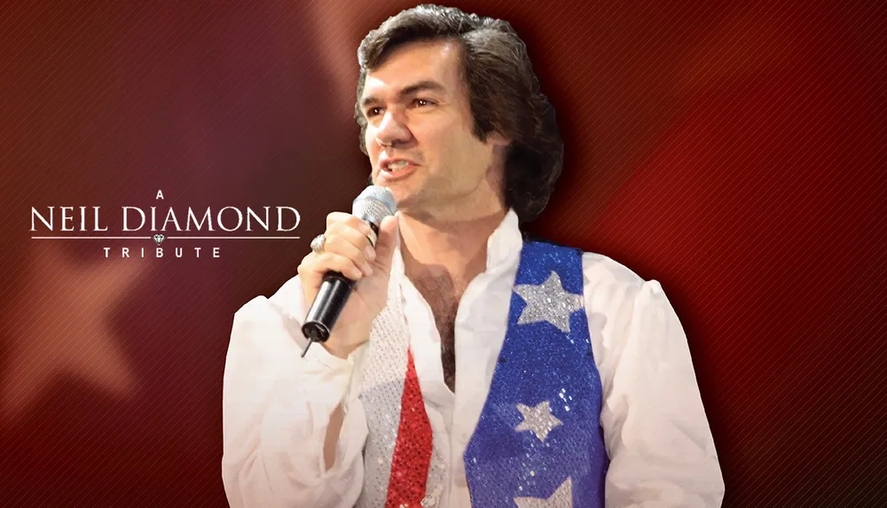 A performer in a red white and blue sequined vest is singing into a microphone with a backdrop that reads A Neil Diamond Tribute