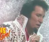 A performer in a jeweled outfit is holding a microphone against a sparkling background with text reading Jerry Presley Elvis Live and Elvis Cousin