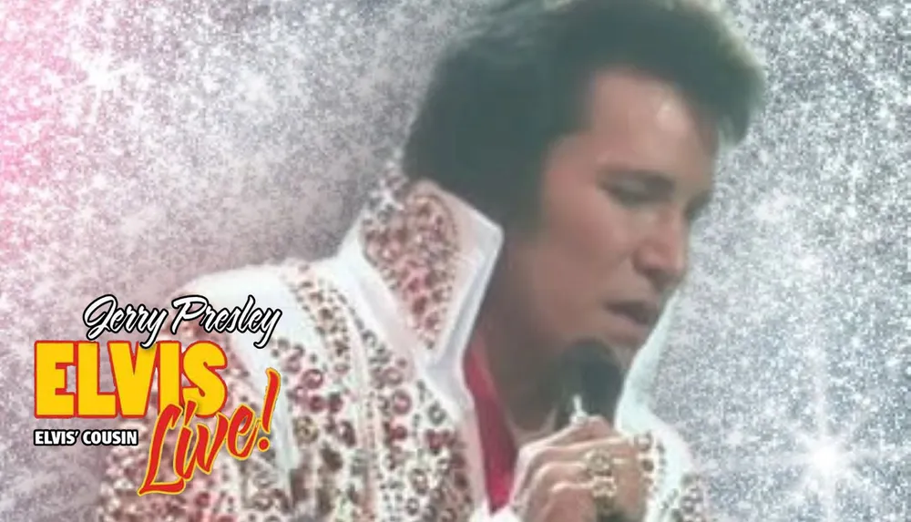 A performer in a jeweled outfit is holding a microphone against a sparkling background with text reading Jerry Presley Elvis Live and Elvis Cousin