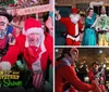 Four people are dressed in colorful and theatrical Christmas-themed costumes expressing exaggerated emotions in what appears to be a festive play or performance