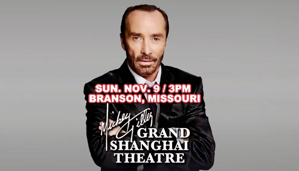 The image is a promotional poster for an event at the Mickey Gilley Grand Shanghai Theatre in Branson Missouri on Sunday November 9 at 3 PM