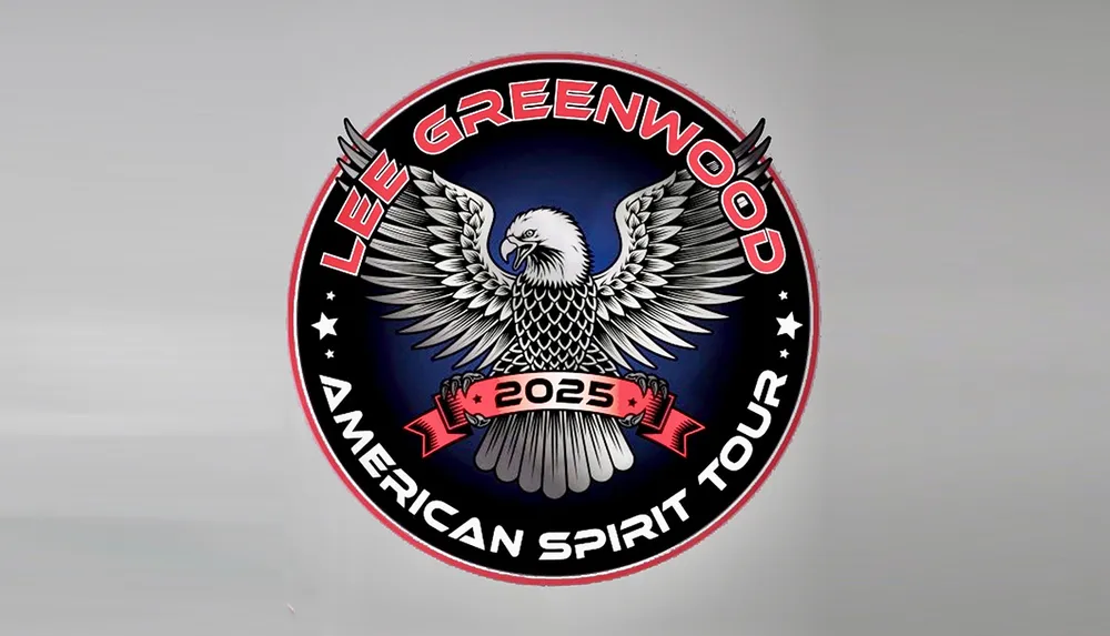 The image features a logo for the Lee Greenwood American Spirit Tour 2025 depicting an eagle with outstretched wings set against a circular background