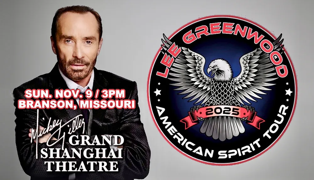 The image is a promotional poster for Lee Greenwoods American Spirit Tour 2025 with a performance on Sunday November 9 at 3 PM in Branson Missouri at the Grand Shanghai Theatre