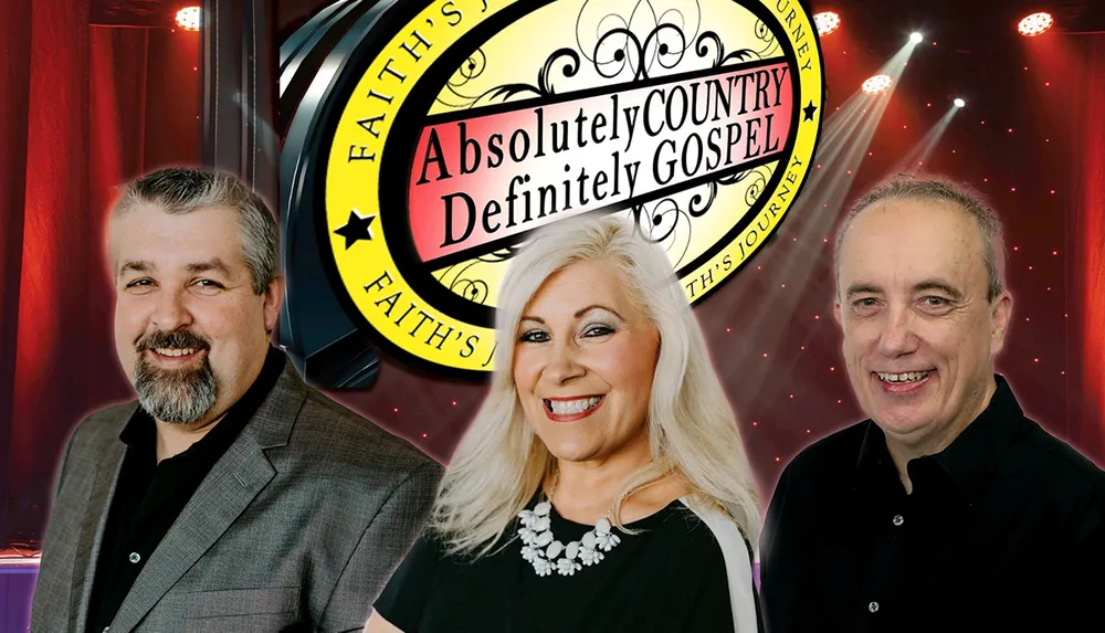 The image features three smiling individuals in front of a stage with a Absolutely Country Definitely Gospel logo