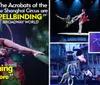 This image features promotional visuals for the New Shanghai Circus showcasing acrobats performing with text highlights including Spellbinding and Unlike anything youve seen before