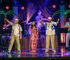 A person in a colorful parrot costume with a pirate hat dances on a stage next to a man singing into a microphone with other performers in tropical attire and illuminated palm trees in the background