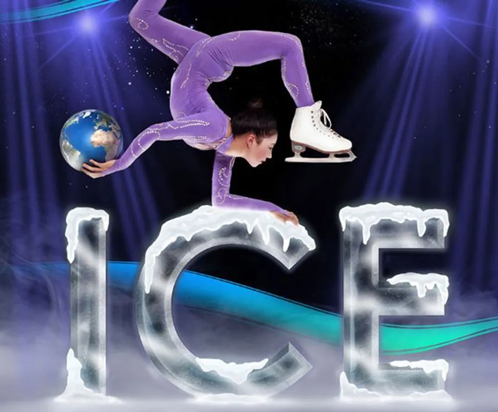 The image features an artistic representation of an ice skater in a contorted backflip pose holding the globe with sparkles and a cosmic background superimposed over a stylized text that reads ICE