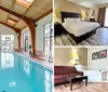 The image shows an indoor swimming pool with large windows and a wooden ceiling overlaid with a smaller inset image of a bedroom with a bed lamps and curtains