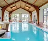 The image shows an indoor swimming pool with large windows and a wooden ceiling overlaid with a smaller inset image of a bedroom with a bed lamps and curtains
