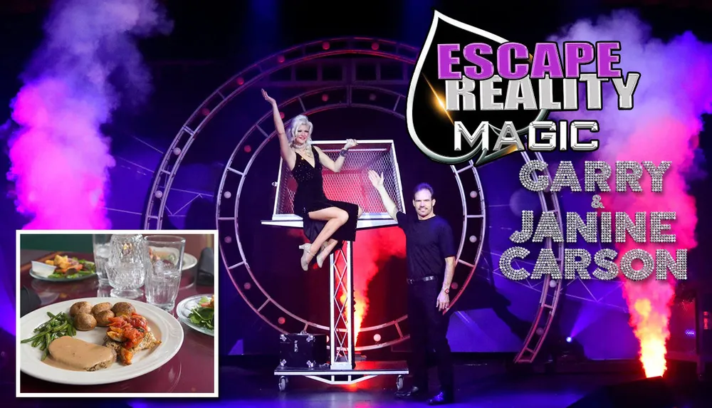 A stage performer and magician are posing in front of a dramatic backdrop with colorful smoke effects while an inset shows a plated meal and glasses on a table