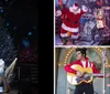 A person dressed as Santa Claus is energetically dancing on stage with a singer in a shiny gold jacket