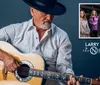An older man in a hat plays a guitar with a small inset image of a group of people and text reading Larry Gatlin  The Nelons