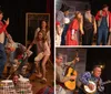 A group of exuberant people in various colorful and characterful costumes pose playfully on a wooden stage likely during a theatrical production or costume party