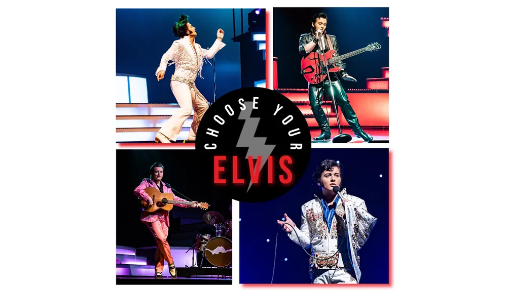 The image features four performers in different Elvis Presley-inspired outfits centered around a Choose Your Elvis logo