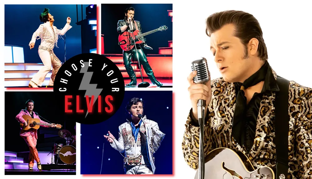 The image showcases multiple performers dressed as Elvis Presley each striking iconic poses from different eras with the text Choose Your Elvis in the center