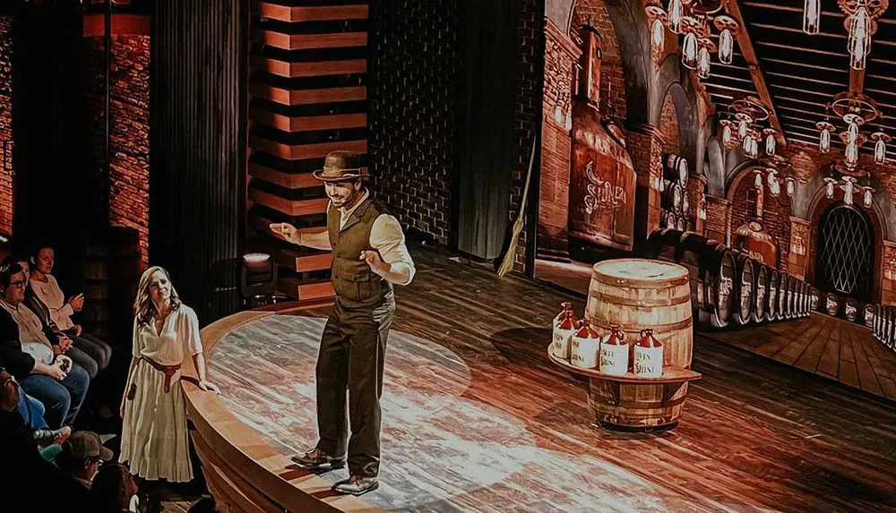 A man in vintage attire is addressing a woman on a theater stage designed to resemble a historic saloon or brewery with an audience seated close by