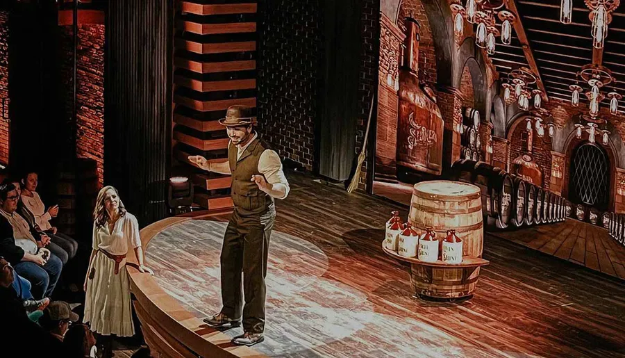 A man in vintage attire is addressing a woman on a theater stage designed to resemble a historic saloon or brewery, with an audience seated close by.