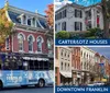 A blue trolley bus with advertising wraps for The New Franklin tour is seen on a sunny street with a backdrop of a brick building and a traffic signal showing red