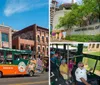 An orange and green trolley bus with the label Old Town Trolley Tours is driving past a row of historic buildings on a sunny day