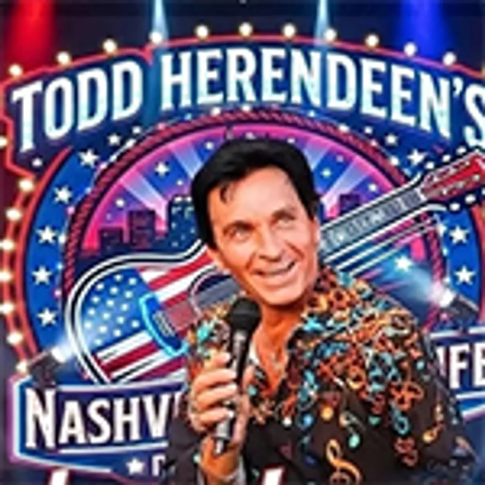 The image features a singer holding a microphone in front of a colorful backdrop that reads Todd Herendeens Nashville Concert adorned with a guitar and star motifs