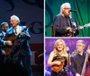 A group of six musicians perform together on stage playing acoustic guitars a banjo and a violin with a logo in the background that suggests a live music event