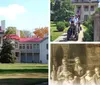 People in various historical costumes are posing in front of a stately building on a sunny day