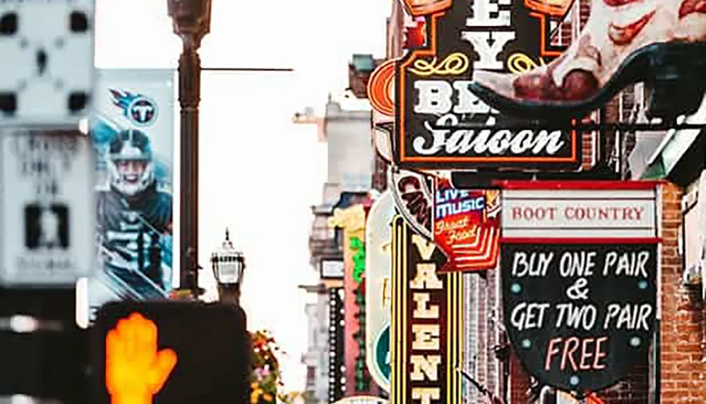The image shows a street lined with colorful and vibrant neon signs advertising live music and other attractions evoking the lively atmosphere of a bustling entertainment district