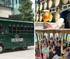 A trolley-style bus marked Music City BrewHop is parked in front of a building with classical Greek architecture