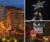 The image captures a dusk view of a city street lined with illuminated buildings decorative lights and a statue all framed by festive garland in the foreground