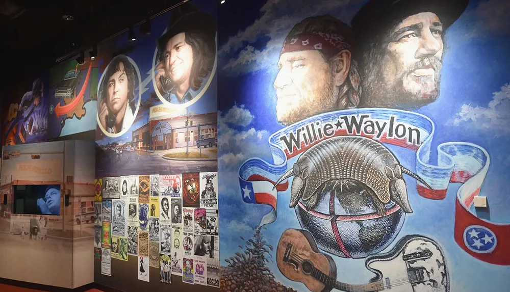 The image shows an exhibition space featuring murals and various displays celebrating the legacy of American country music artists
