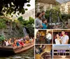 Tourists enjoy a boat ride in an enclosed space with lush vegetation and a waterfall in the background